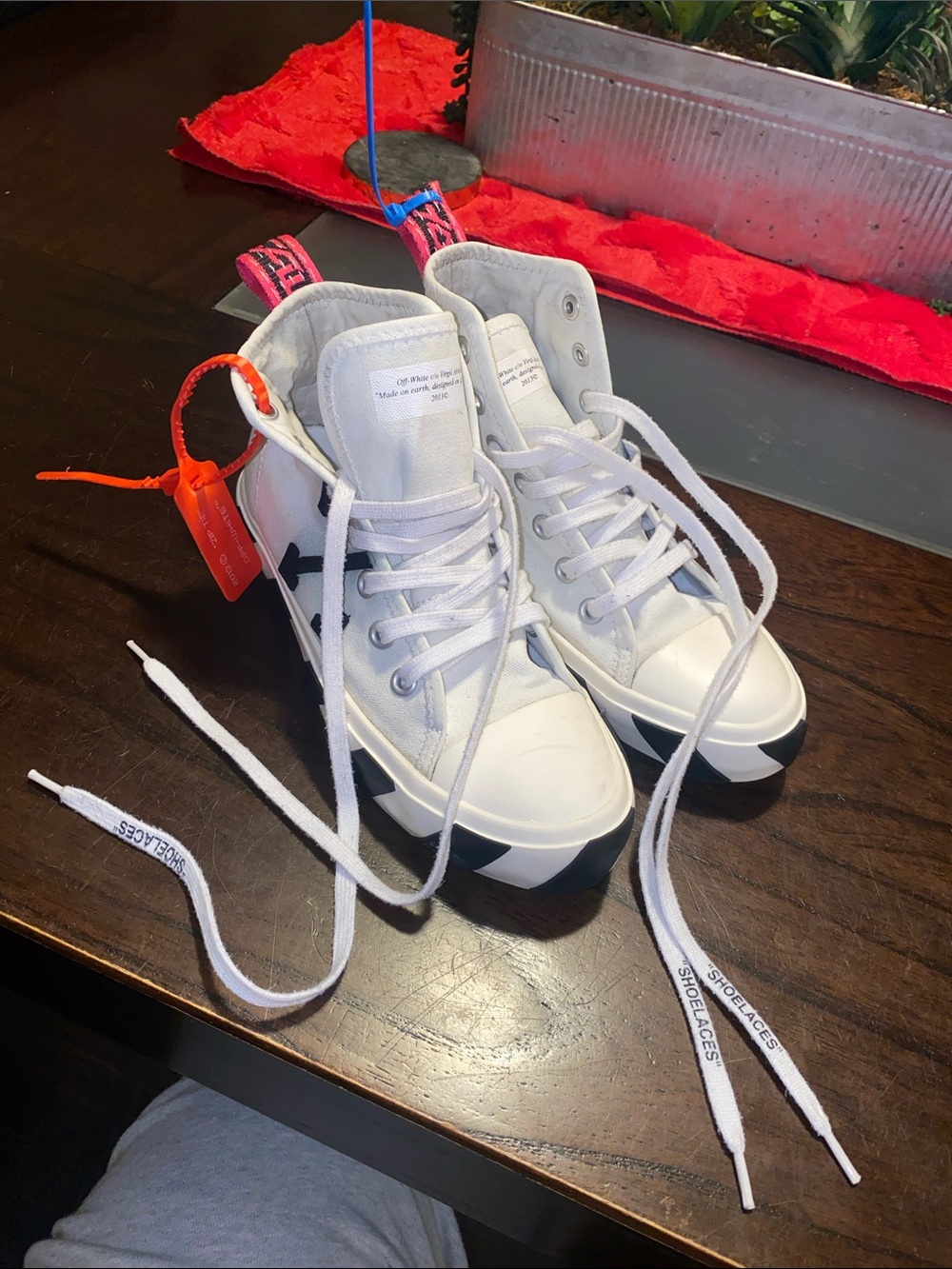 Off-White White and Black Canvas High-Top Sneakers with Orange Tag